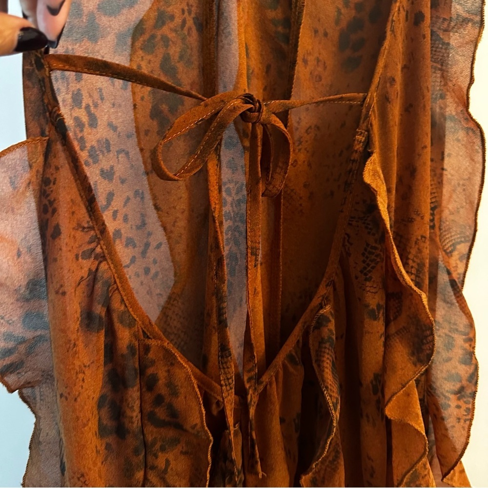 HAUTE Chocolate Brown Ruffled Halter maxi dress Flowy feminine  Semi sheer  sz 2 - Picture 7 of 10